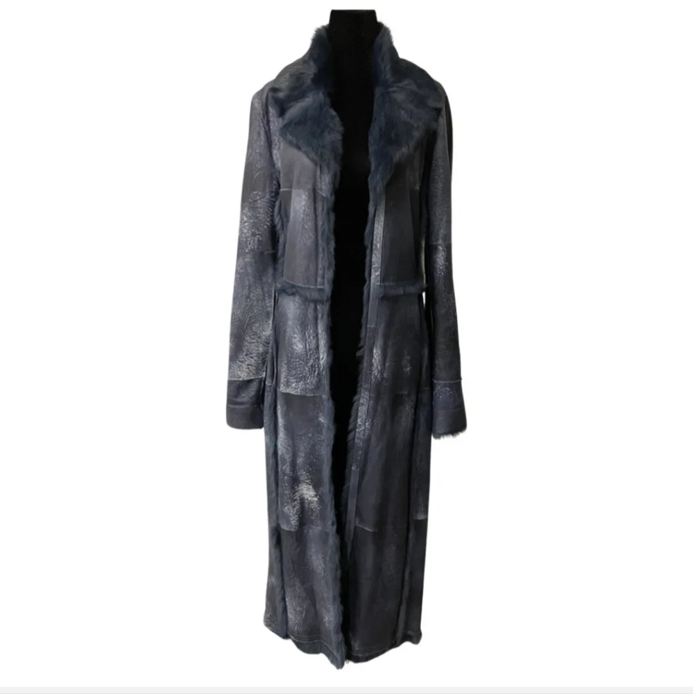 Escada Leather Fur Lined Maxi Coat Jacket Blue Lapin Size 34 (US 2)